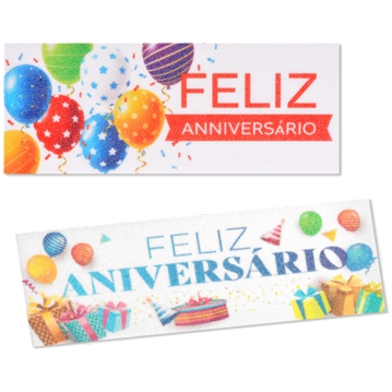 Placa rectangular de oblea con impresin Feliz Aniversrio 100x40mm 120 uds