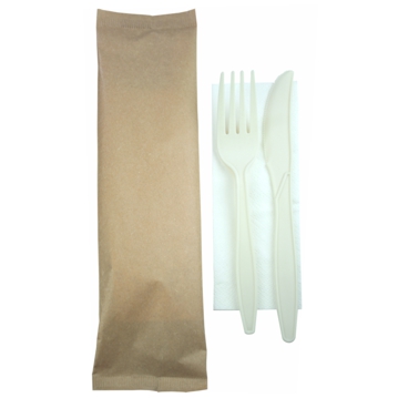 Juego de Tenedor + Cuchillo de Maz Biodegradable y Compostable + Servilleta 500 uds