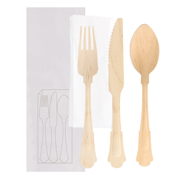 Conjunto Garfo Faca e Colher Classic em Madeira 200mm + Guardanapo 100un