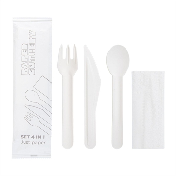 Set Garfo Faca e Colher de Cartolina Branco 158mm com Guardanapo Paper Cutlery 100 un